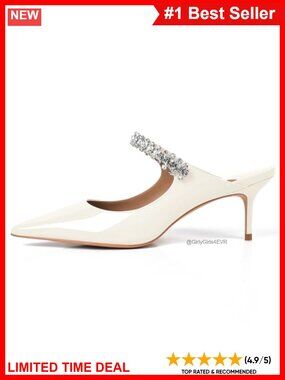 XINIUNIU Heeled Mules for Women Rhinestone Kitten Heels Beige